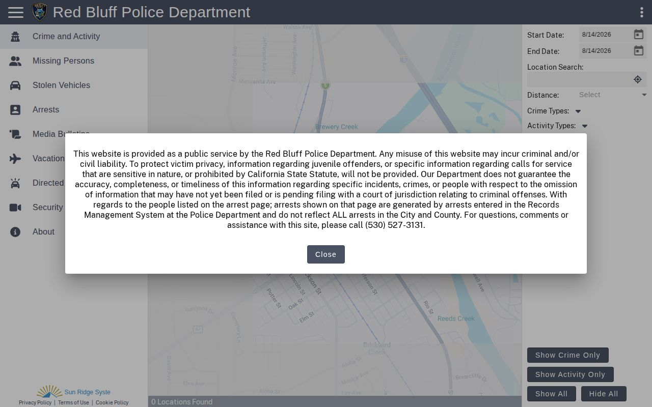 Red Bluff Police Citizen RIMS arrest records interface in Tehama County