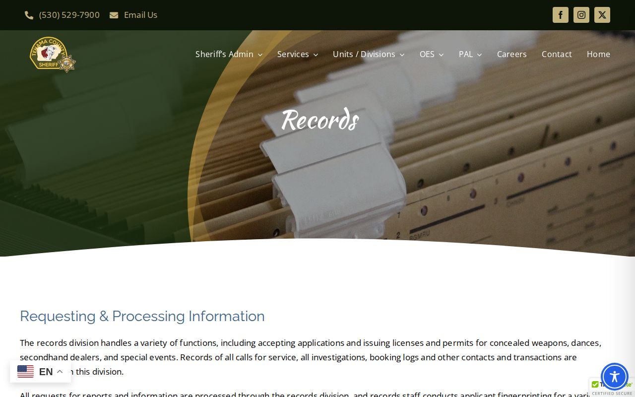 Tehama County booking records request page