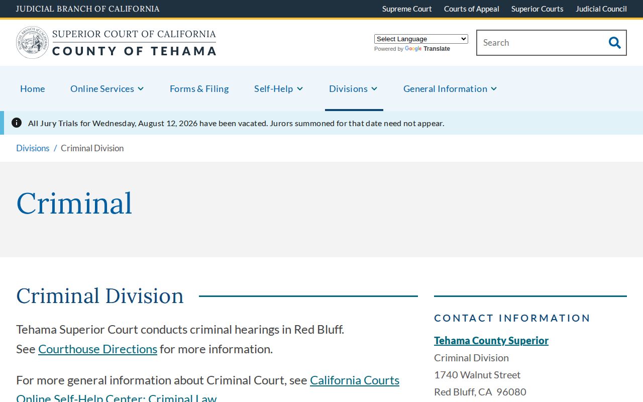 Tehama County court record and booking disposition path