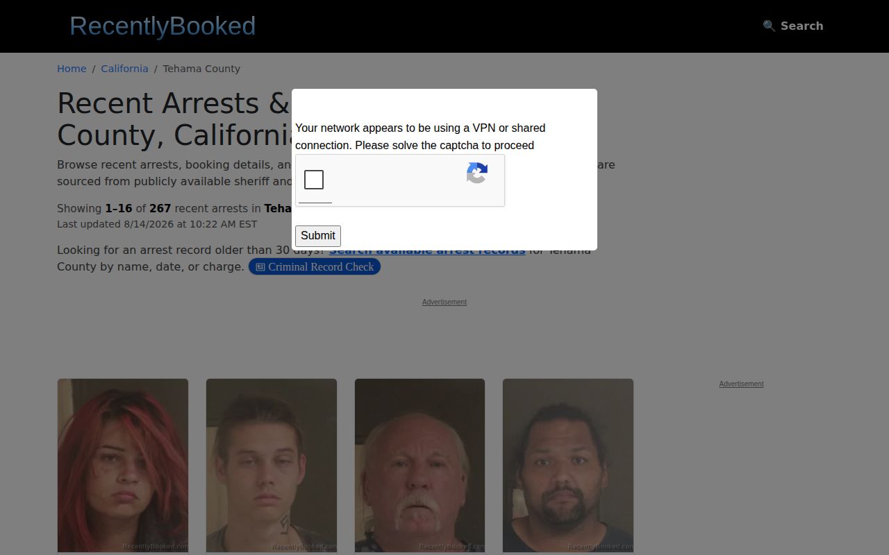 Unofficial Recently Booked Tehama County arrest and mugshot landing page